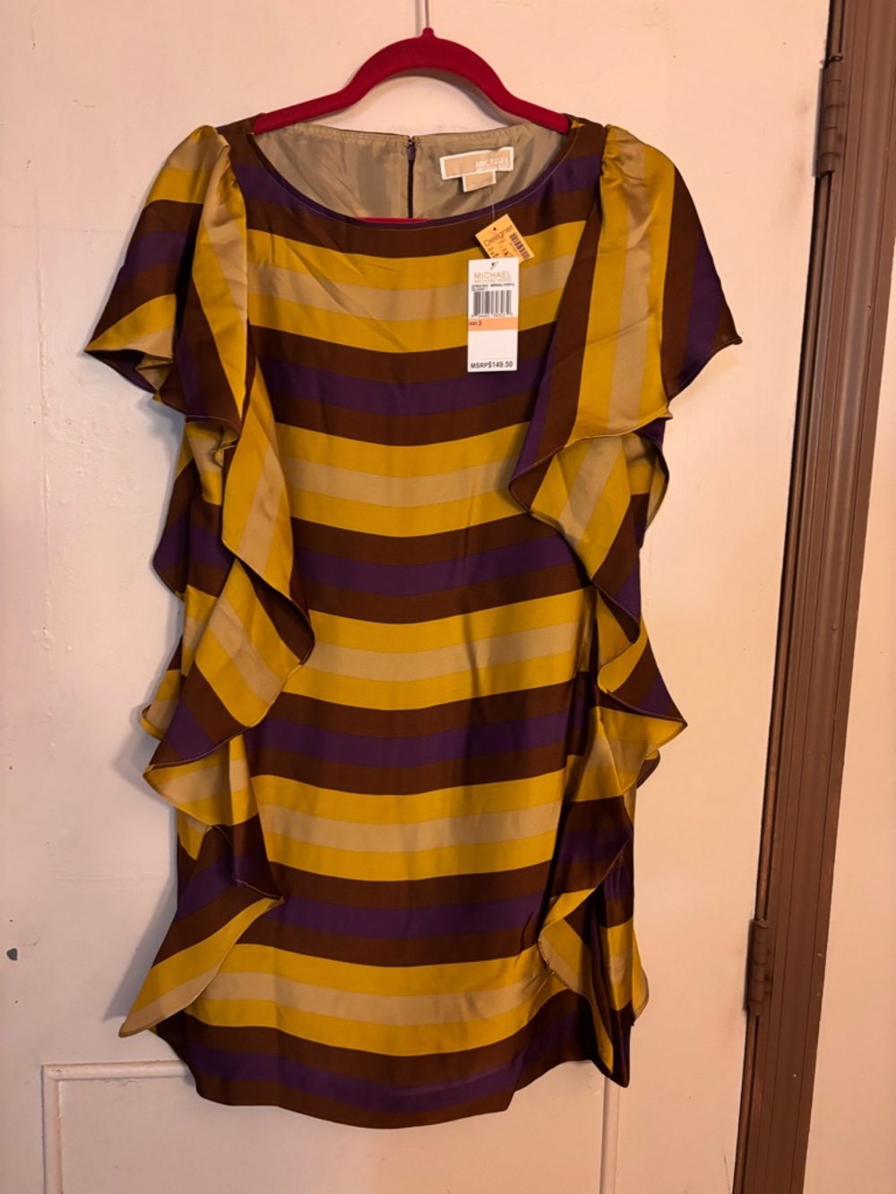 Michael Kors Striped Shift Dress in Yellow, Purple and Brown